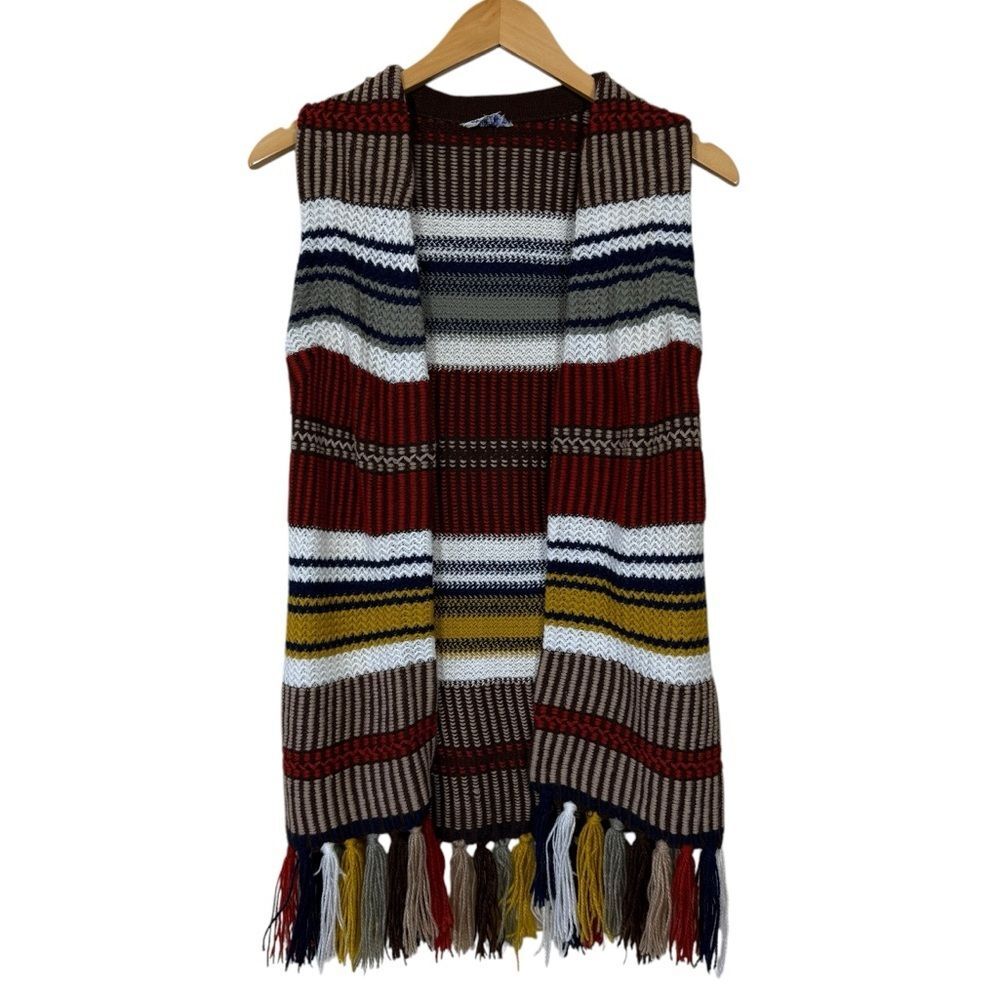 VTG Multi-Color Horizontal Stripes Retro Fringe Open Sweater Vest Women's Sz S